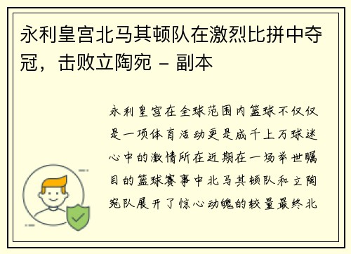 永利皇宫北马其顿队在激烈比拼中夺冠，击败立陶宛 - 副本