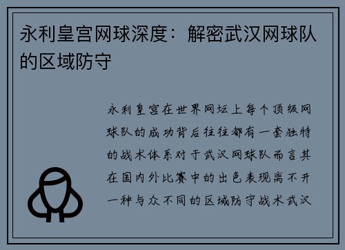 永利皇宫网球深度：解密武汉网球队的区域防守