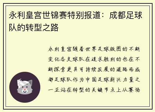永利皇宫世锦赛特别报道：成都足球队的转型之路